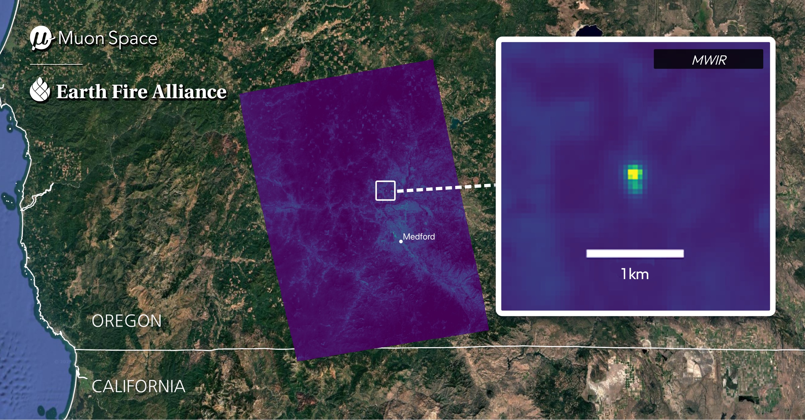 FireSat satellite infrared wildfire detection image over southern Oregon near Medford, with a zoomed MWIR inset highlighting