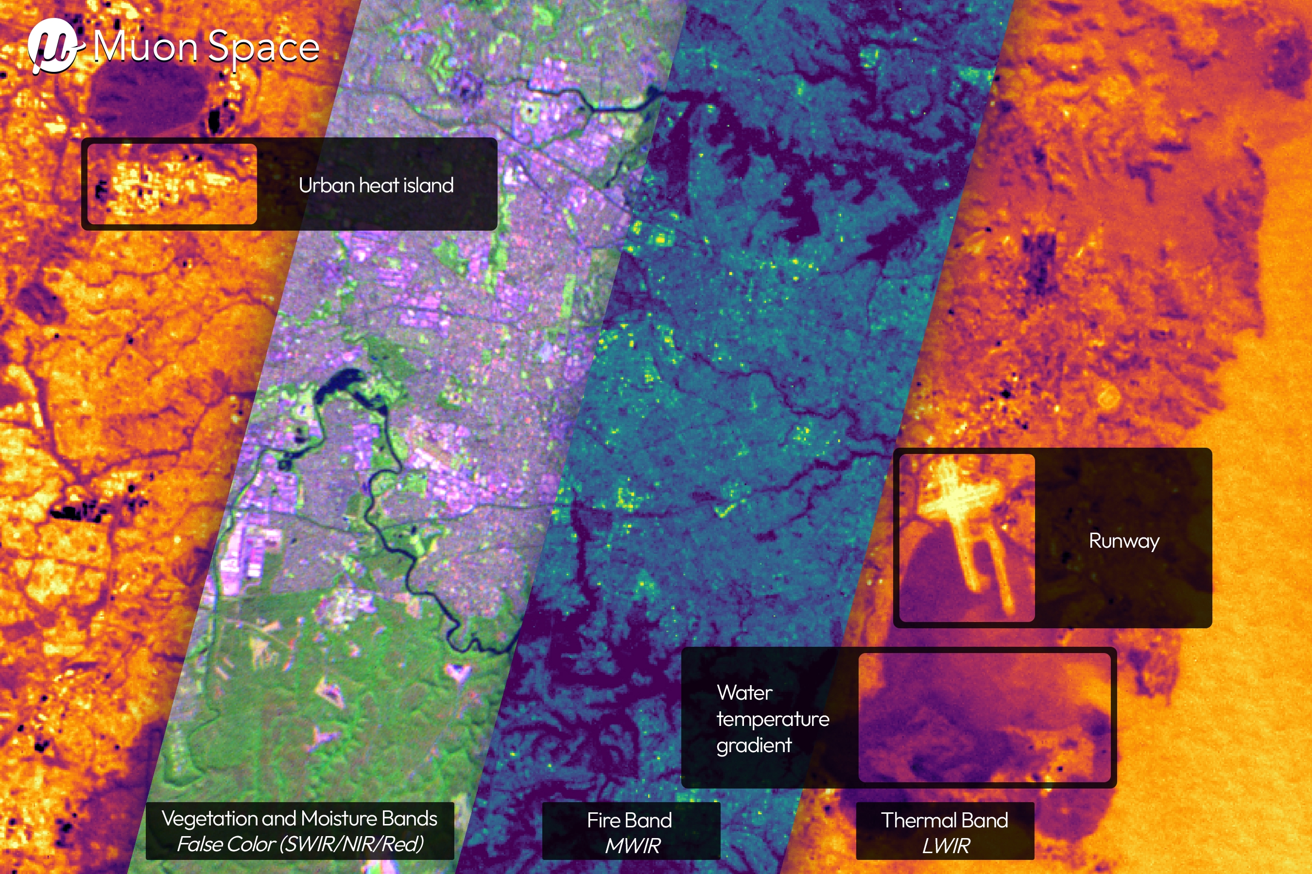 FireSat satellite first light imagery displaying vegetation, fire, and thermal bands with labeled features like urban heat