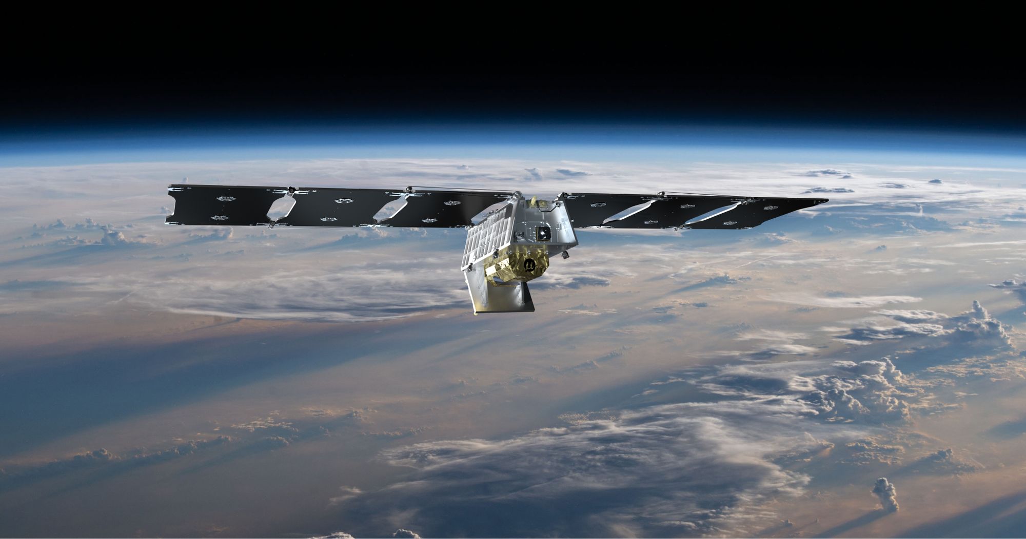 Muon Halo satellite with extended solar panels orbiting above Earth's cloud-covered surface against the darkness of space.