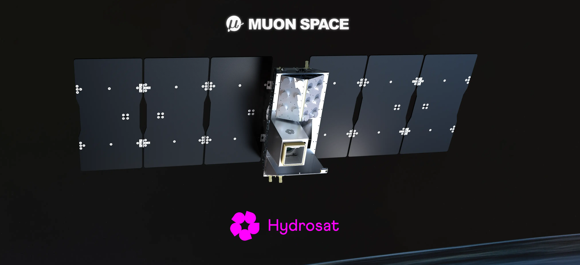 A satellite with extended solar panels against a dark background, featuring Muon Space and Hydrosat logos.