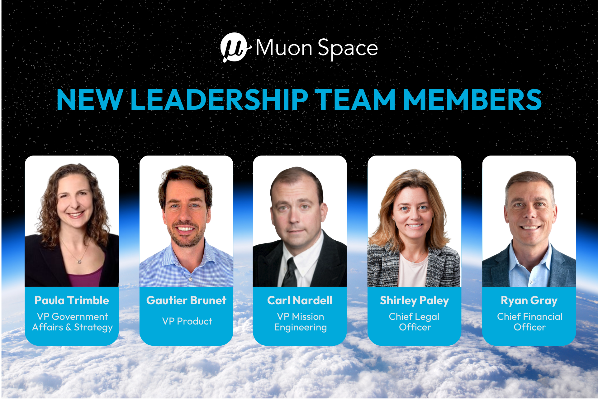 Five new Muon Space leadership team members with headshots, names, and titles against a space and cloud backdrop.