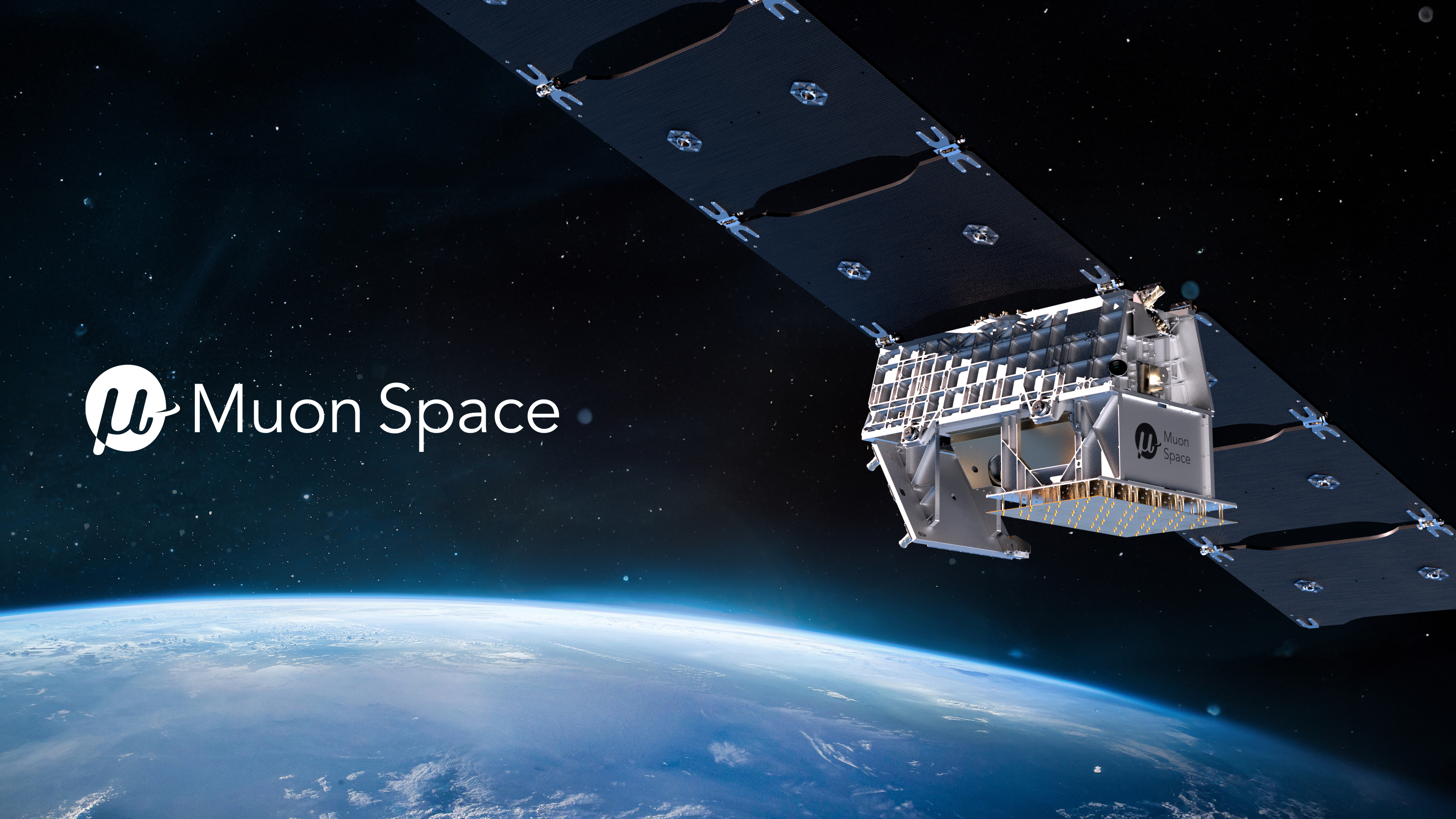 A Muon Space satellite with deployed solar panels orbits above Earth against a starry backdrop, featuring the company logo.