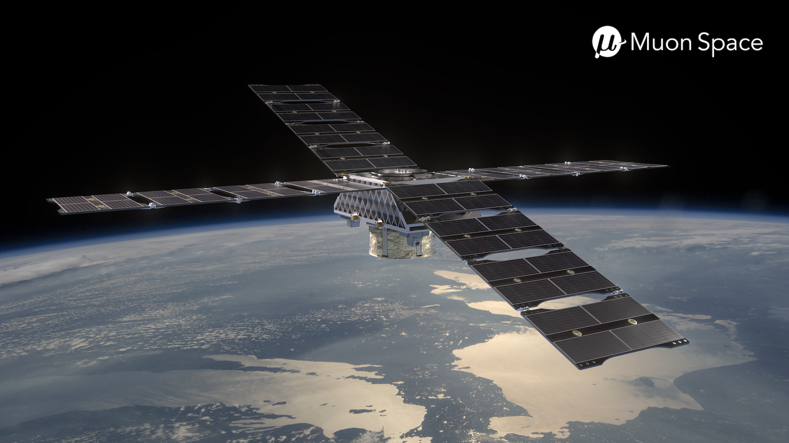 A Muon Space small satellite with deployed solar panel arrays orbits above Earth's cloud-covered surface in a rendered