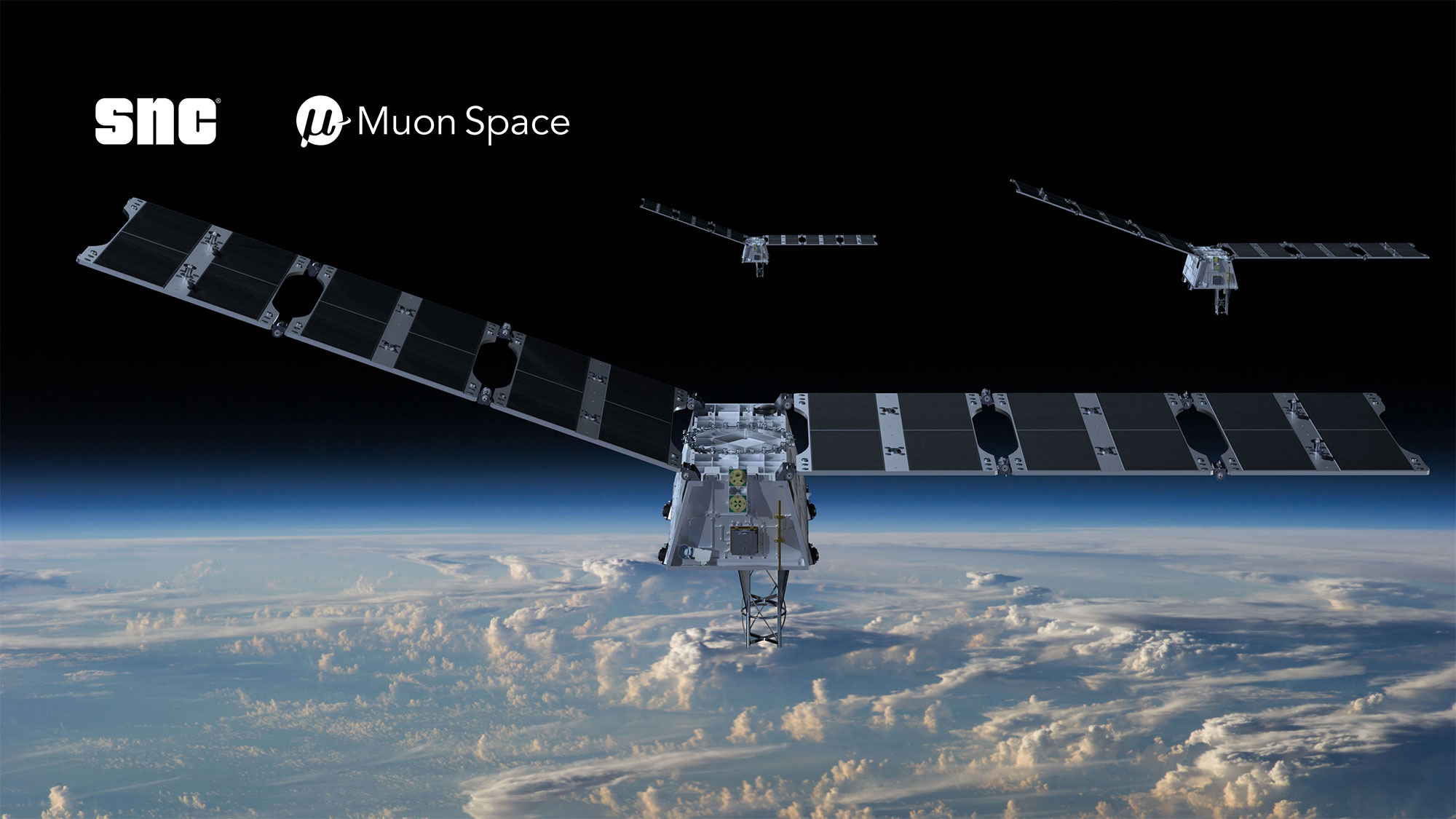 Rendering of Muon Space satellites with deployed solar panels orbiting above Earth's cloud-covered surface, featuring SNC