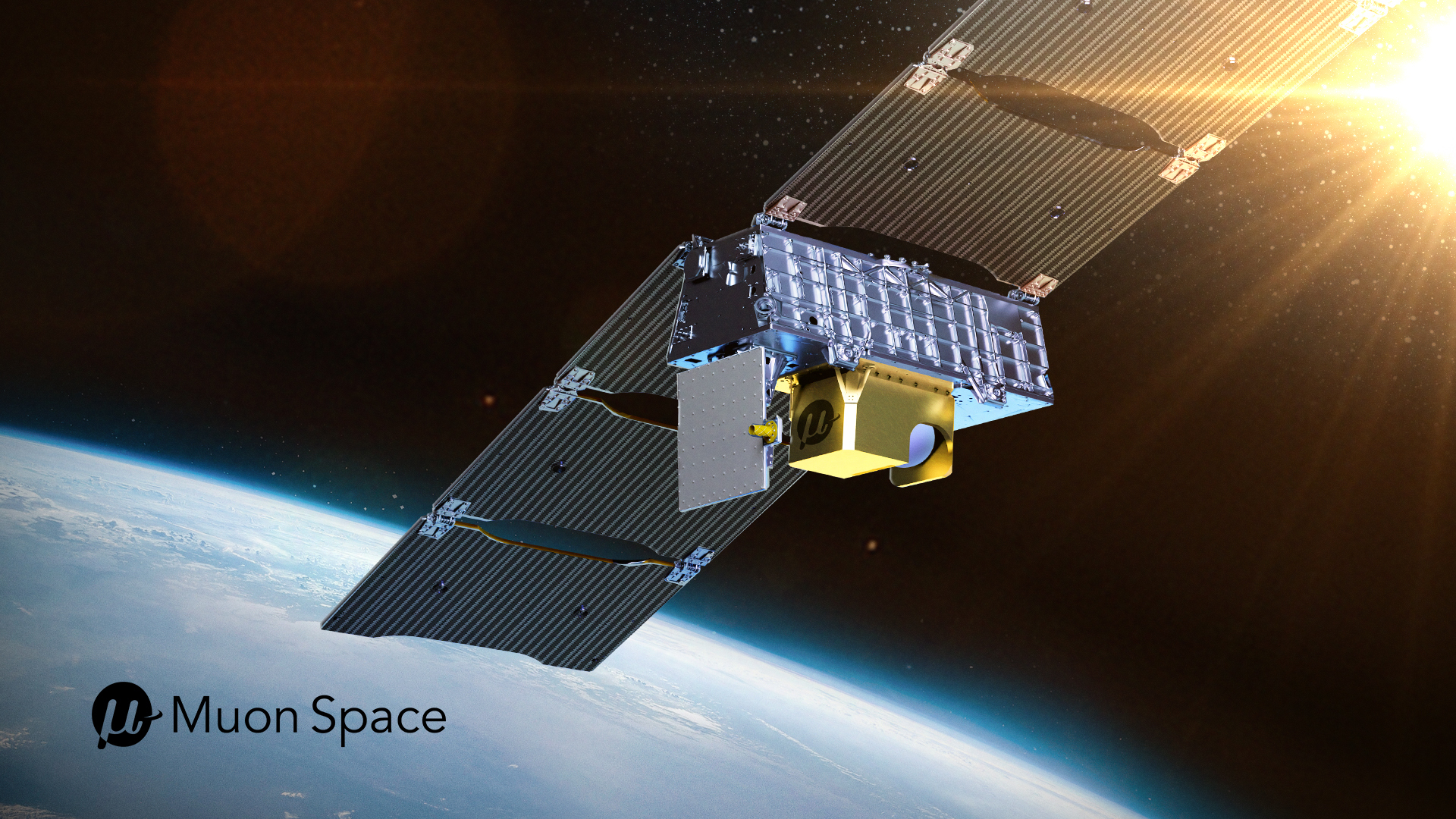 A Muon Space satellite with deployed solar panels orbits above Earth's curved horizon, illuminated by sunlight.