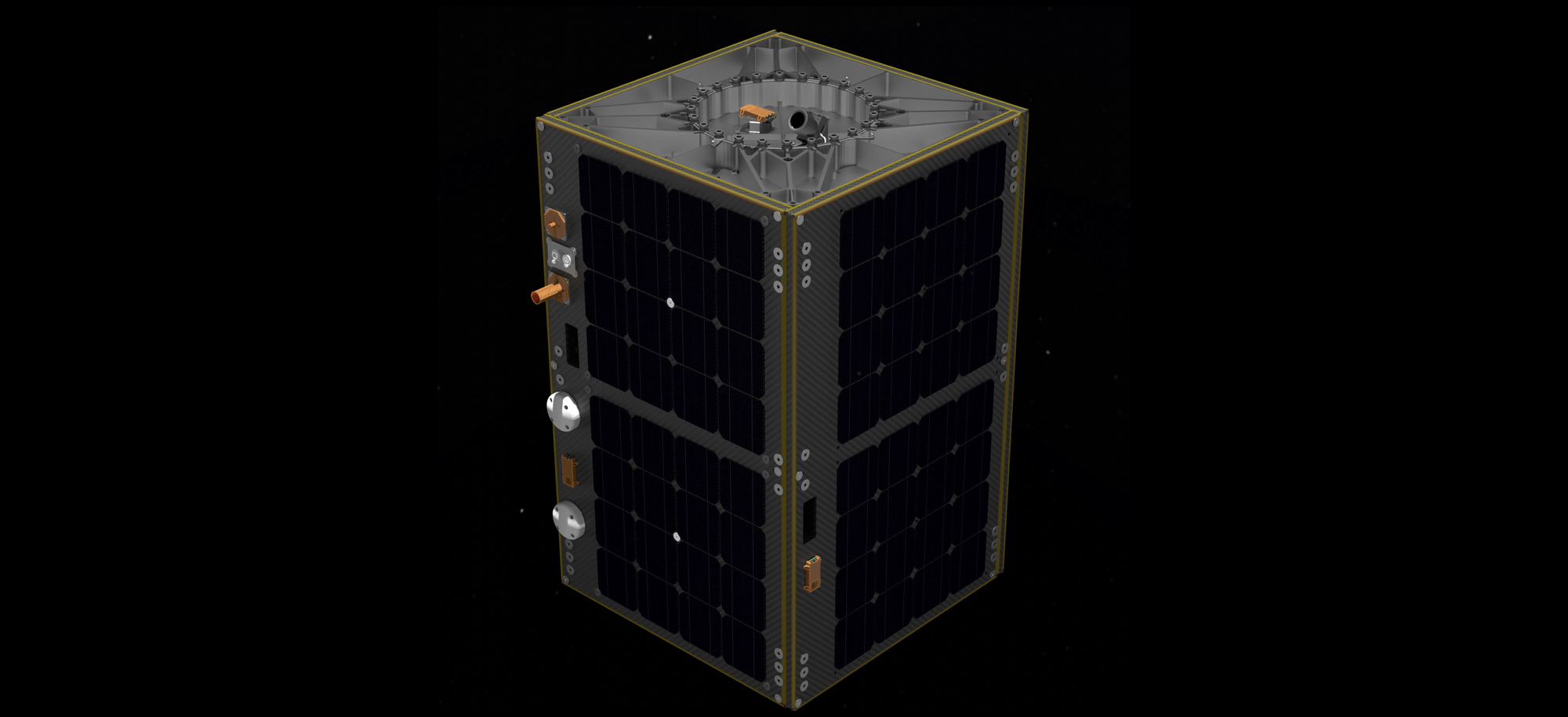A small cube satellite with body-mounted solar panels and sensors rendered against a dark space background.