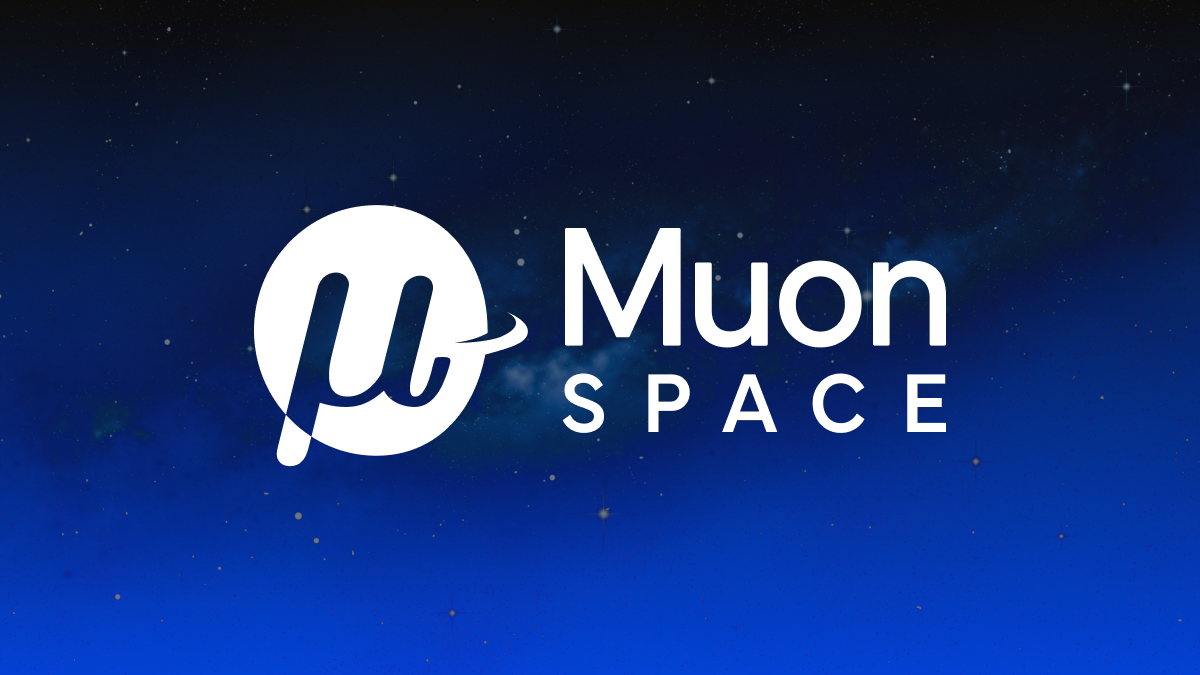 Muon Space logo in white featuring a stylized mu symbol against a deep blue starry background.