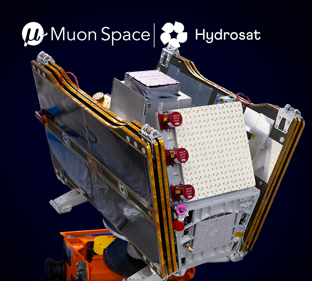 Hydrosat's VanZyl-2 satellite with solar panels and sensor arrays, branded with Muon Space and Hydrosat logos.