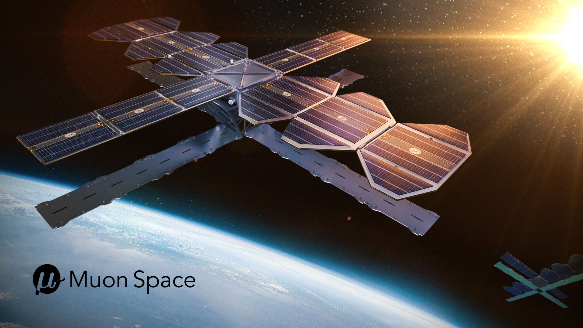 Muon Space XL satellite platform with deployed solar panels orbiting above Earth, with sunlight and the Muon Space logo.
