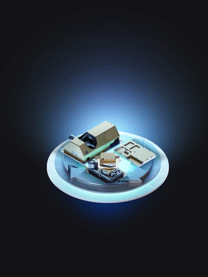 Satellite mission-enabling components displayed on a glowing blue circular platform against a dark background.