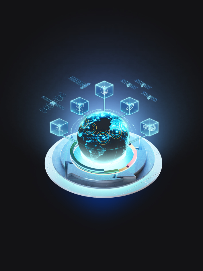 Glowing holographic Earth on a futuristic platform surrounded by orbiting satellites and digital data icons against a dark