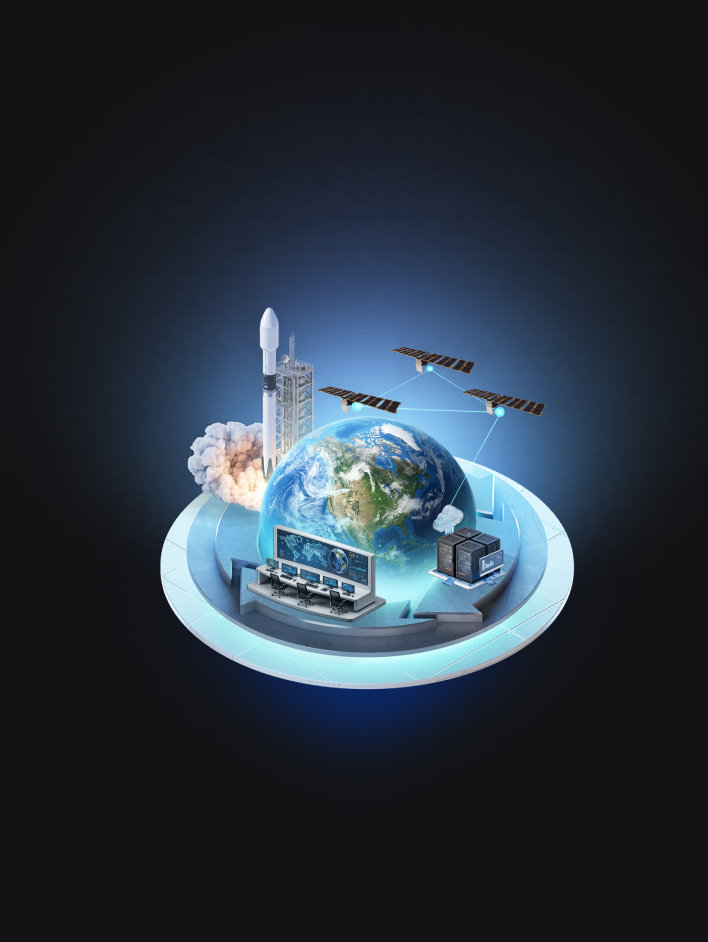 3D illustration of Earth on a glowing platform with a launching rocket, orbiting satellites, and a mission control center.