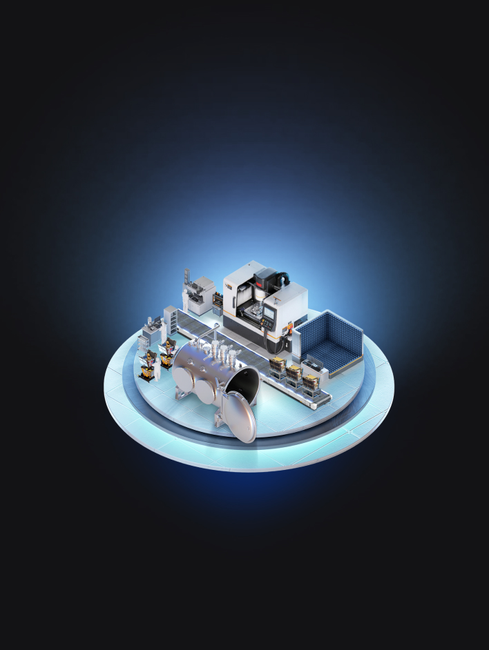 A 3D rendering of a satellite production facility on a glowing circular platform with machinery, robotic arms, and