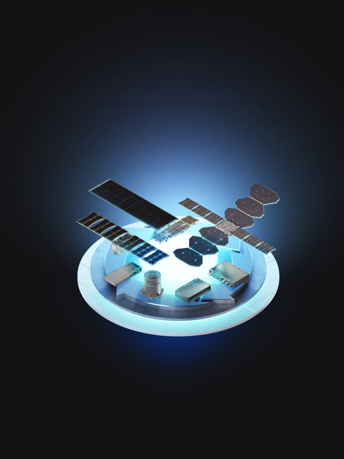 Various spacecraft platforms and satellite components displayed on a glowing circular pedestal against a dark background.