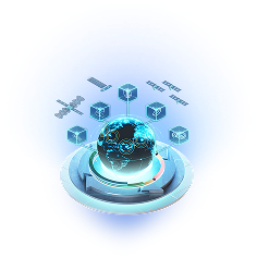 A glowing digital globe on a circular platform surrounded by floating satellite and cube icons representing mission