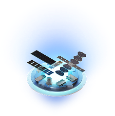 A satellite with solar panels displayed on a glowing circular holographic platform alongside small component modules.