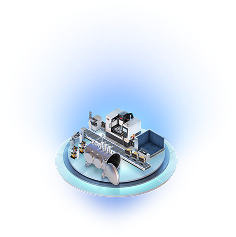 A satellite assembly on a glowing circular platform, depicting the constellation production stage of spacecraft