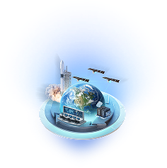 Earth globe on a glowing platform surrounded by satellites, a laptop, monitors, and a rocket representing managed orbital