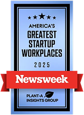 Muon Careers America's Greatest Startup Logo A blue rectangular badge reading "America's Greatest Startup Workplaces 2025" with Newsweek and Plant-A Insights Group logos.