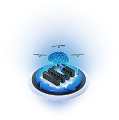 A glowing digital brain hovers above server racks on a circular platform, surrounded by orbiting drones and blue arrows.