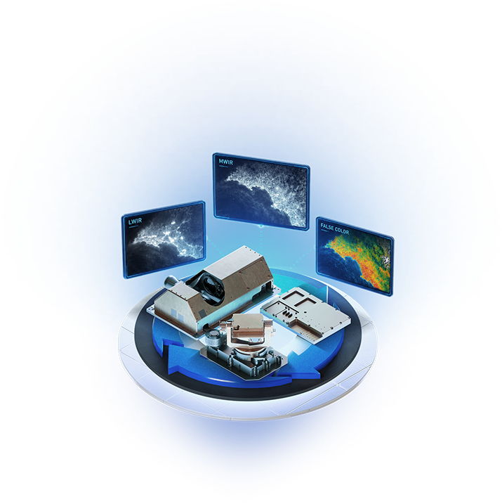 Satellite payload hardware on a circular platform with LWIR, MWIR, and false color imagery screens displayed above.