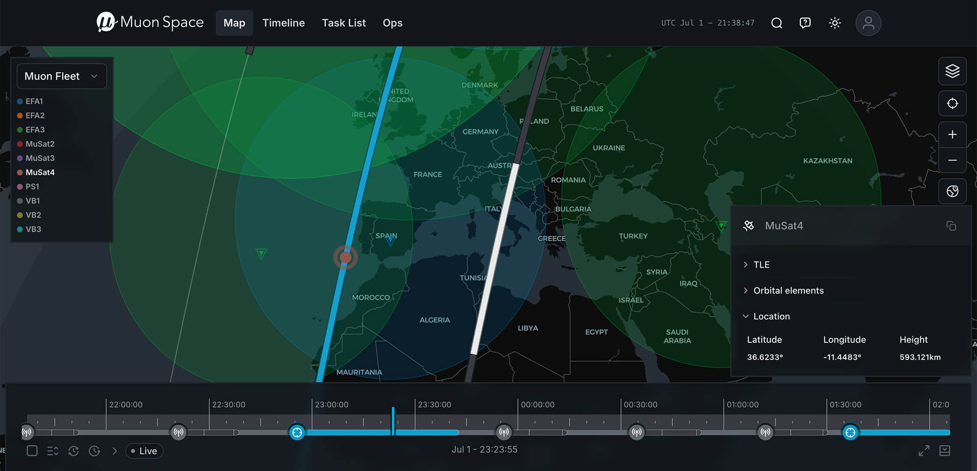 Muon-Managed-Orbital-Services-Data-Platform-Image Muon Space orbital data platform displaying satellite MuSat4 tracking over Europe with fleet list, timeline, and location