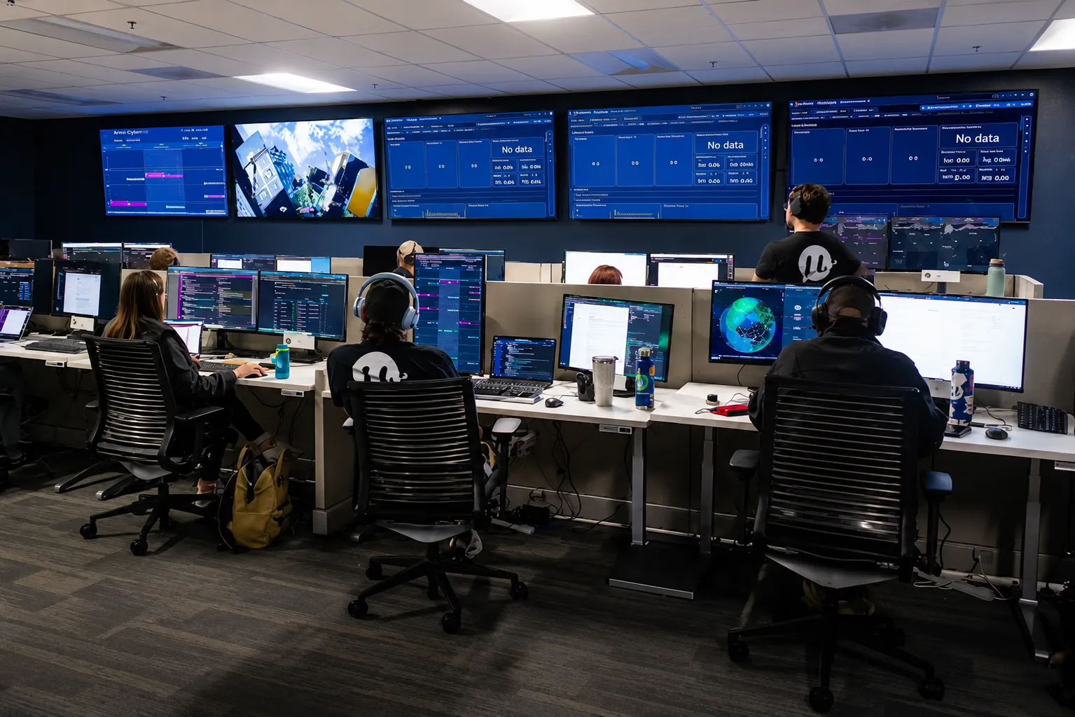 Muon-New-Image-MOS Muon team members wearing headsets work at desks with multiple monitors beneath large wall-mounted dashboard screens.