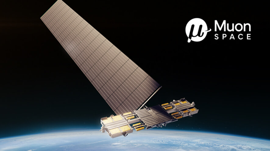 Muon Space's Condor Ultra spacecraft platform orbiting Earth with a large deployed solar panel against the backdrop of space.