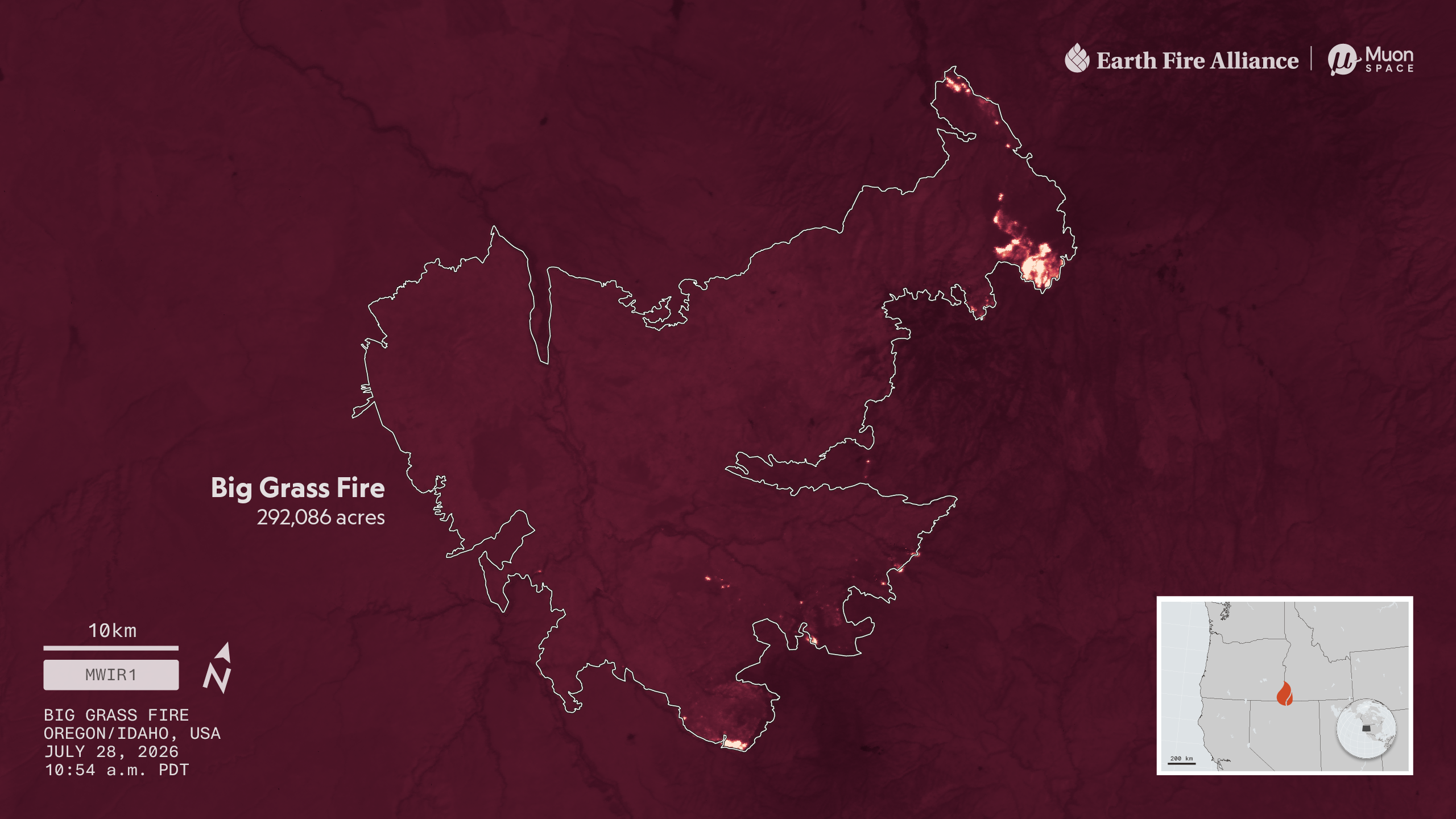 Mid-wave infrared satellite view of the 292,086-acre Big Grass Fire burning across Oregon and Idaho on July 28, 2026.