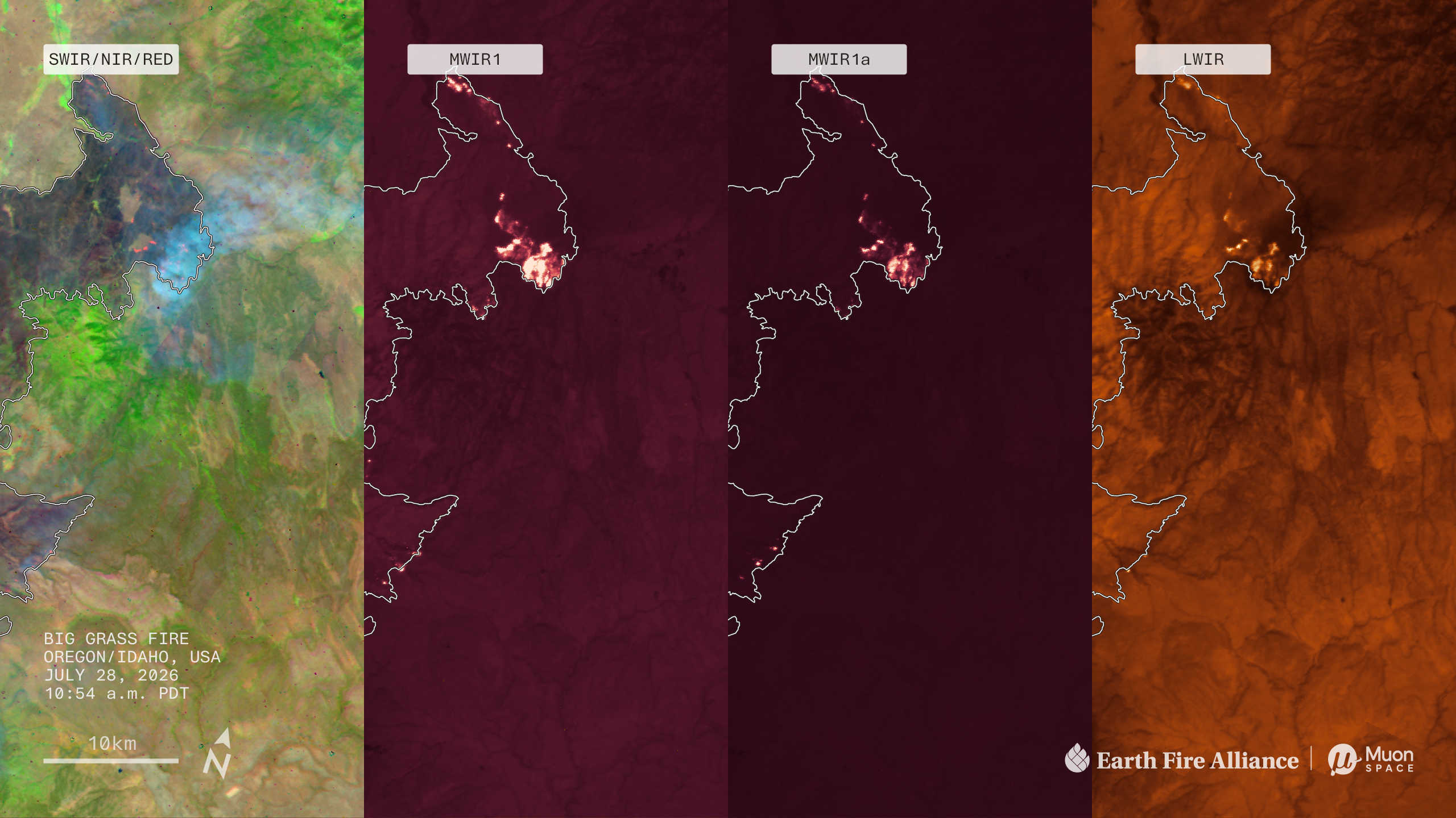 Multi-band satellite imagery of the Big Grass Fire in Oregon/Idaho on July 28, 2026, showing SWIR/NIR/RED, MWIR, and LWIR