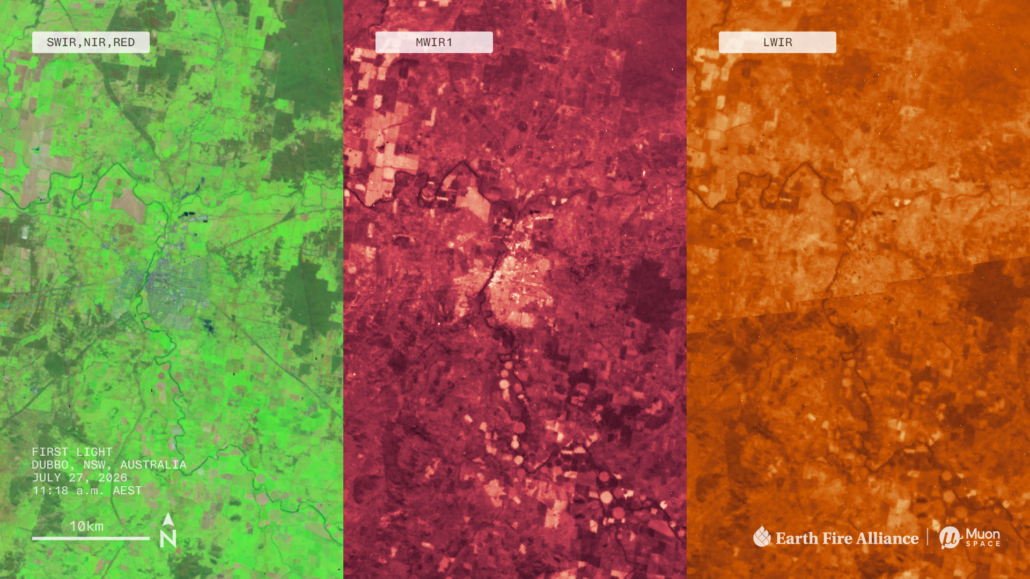 Three-panel satellite view of Dubbo, NSW, Australia in SWIR/NIR/Red, MWIR, and LWIR bands captured July 27, 2026.