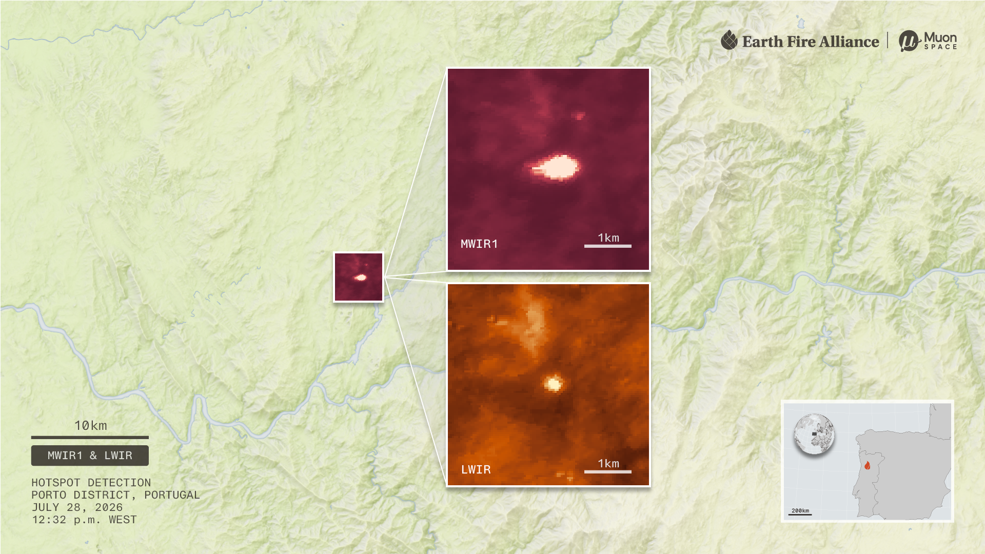 Satellite infrared hotspot detection of a wildfire in Porto District, Portugal, showing MWIR1 and LWIR imagery from July 28,