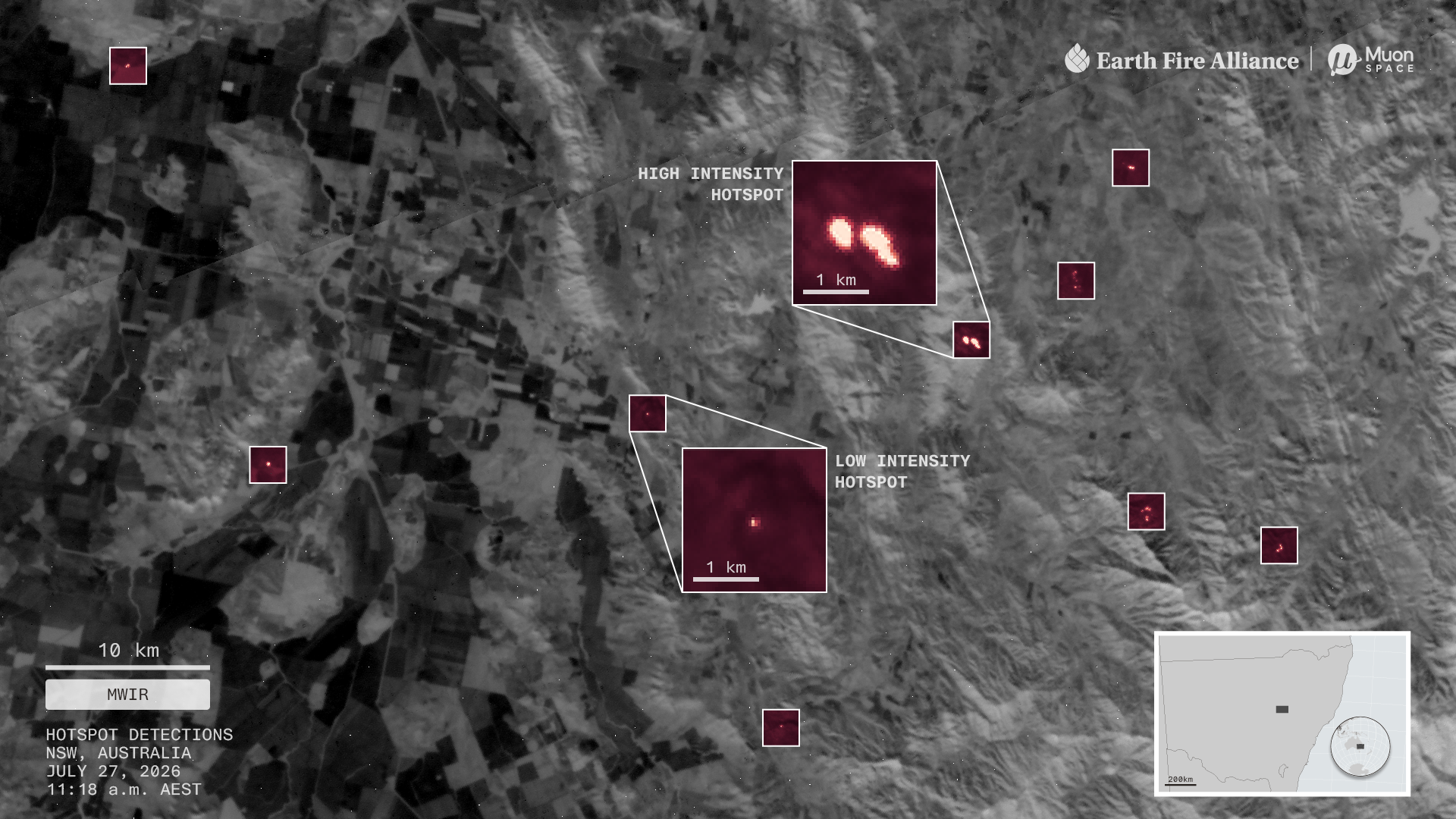 MWIR satellite imagery of fire hotspot detections across NSW, Australia, highlighting high and low intensity hotspots with